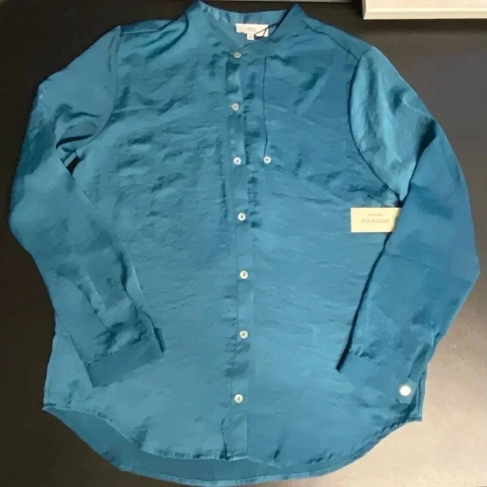 NWT Stitch Fix NSR Teal Blue Button Front Blouse Shirt Sz Small Business Office‎